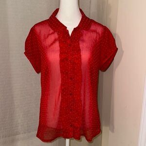 Guess L Red Textured Polka Dot Romantic Sheer Short Sleeve Collared Blouse